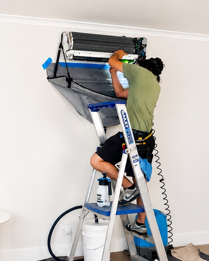 A Natural Breeze technician working on an open split system with the wash bag fitted