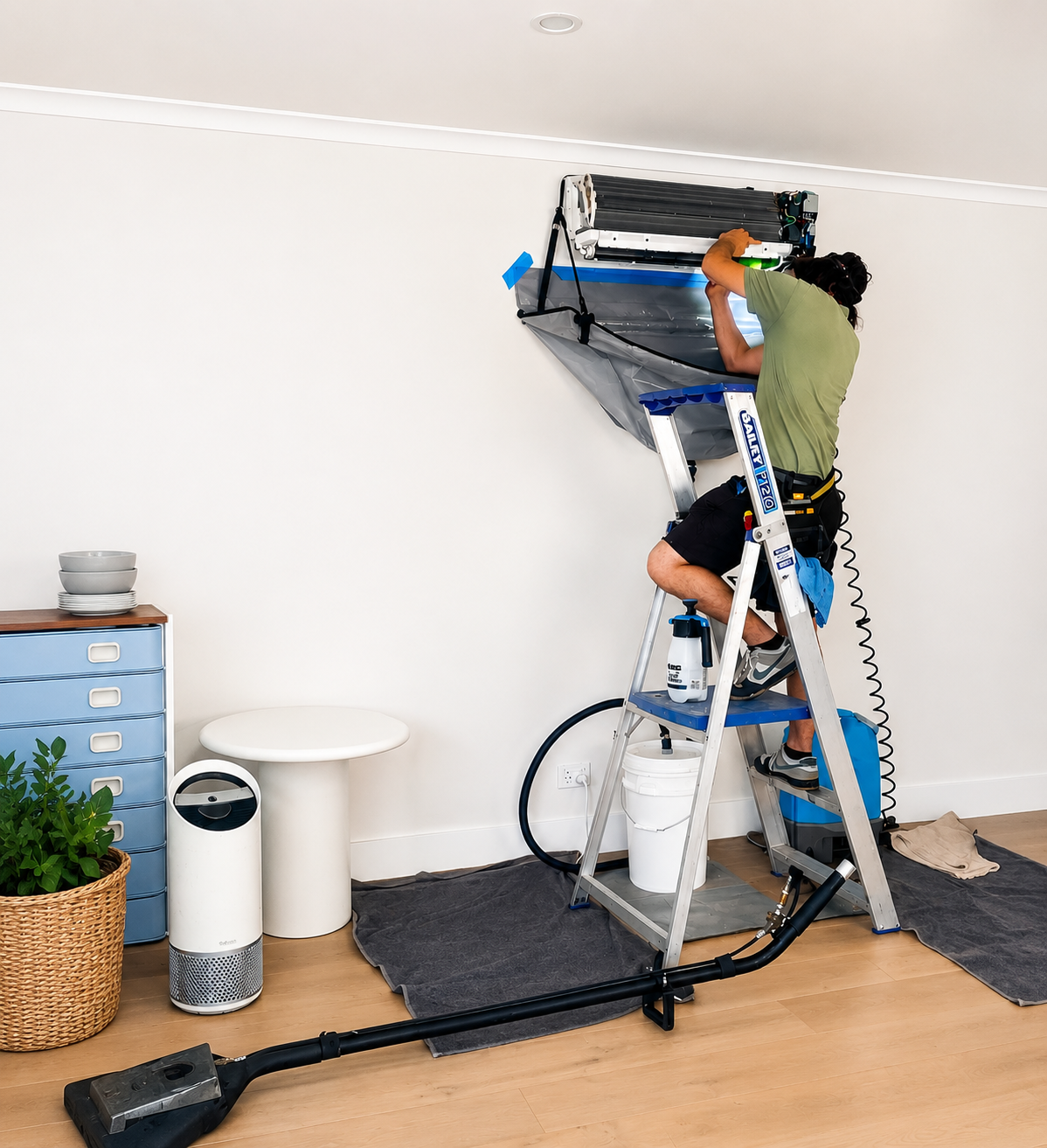 A Natural Breeze technician deep cleaning a split system with the cleaning bag fitted